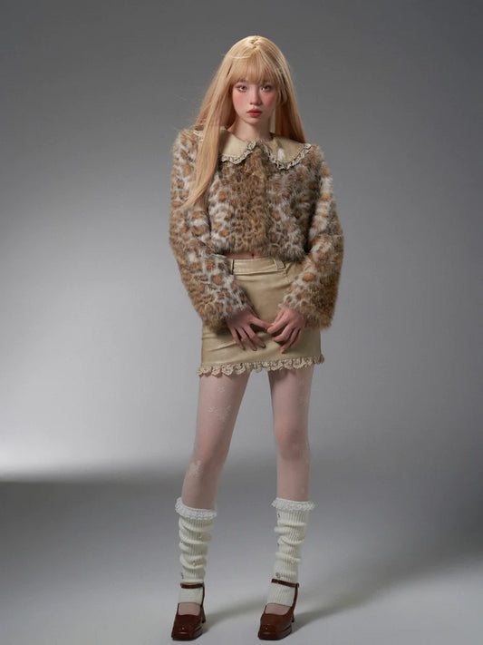 Leopard Print Lace Stitching Doll Collar Jacket ＆ Mini Skirt