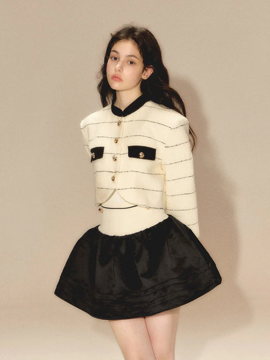 Line Border Mao Collar Short Jacket & Puffy Skirt