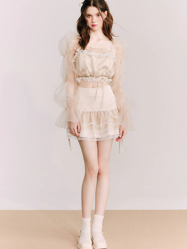 Organza Puff Sleeve Lace Top & Skirt