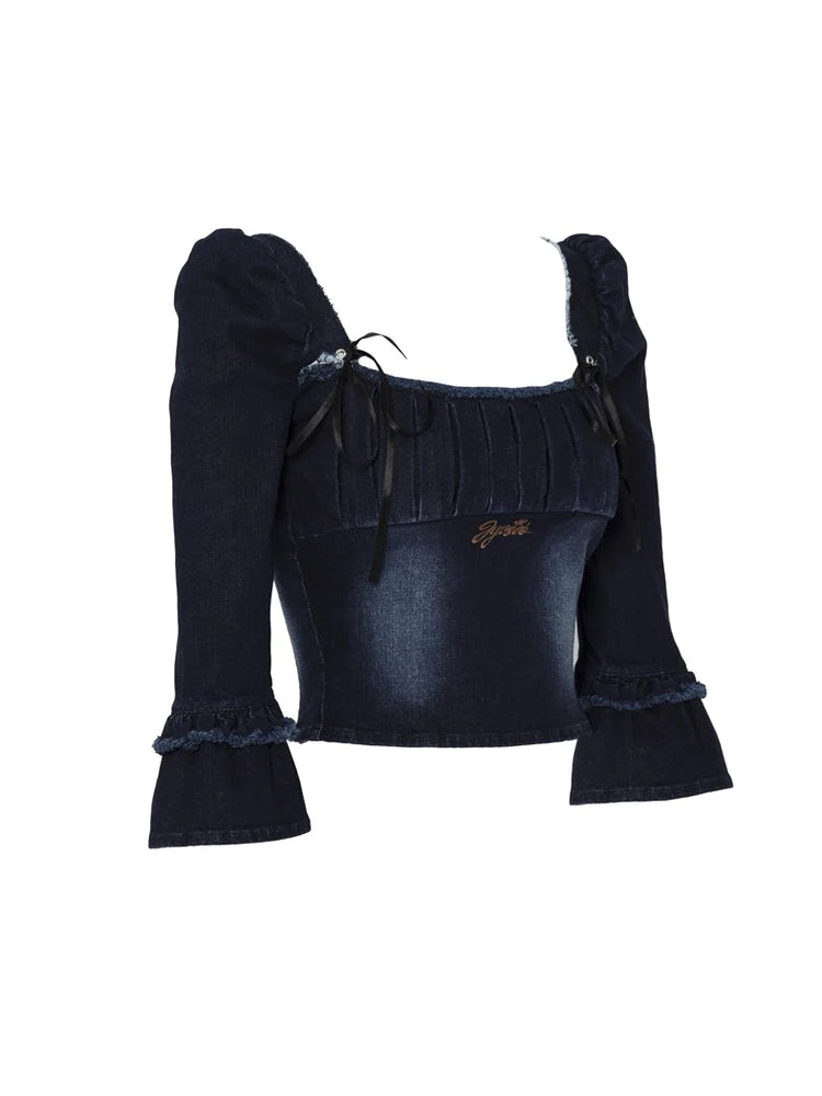 Denim Puff Sleeve Top & Pleated Skirt