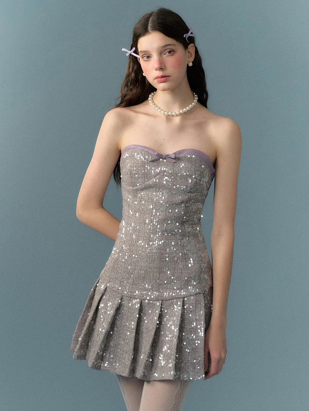 Sequins Strapless Waist Pleated Short Dress