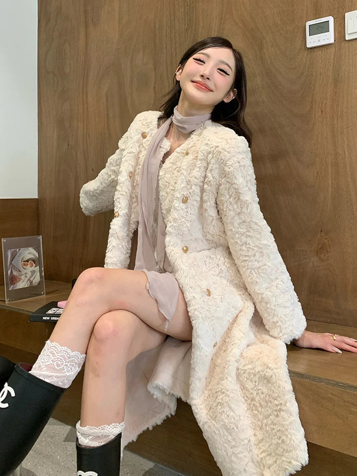 Double-Breasted Long Eco-Friendly Fur Plush Jacket