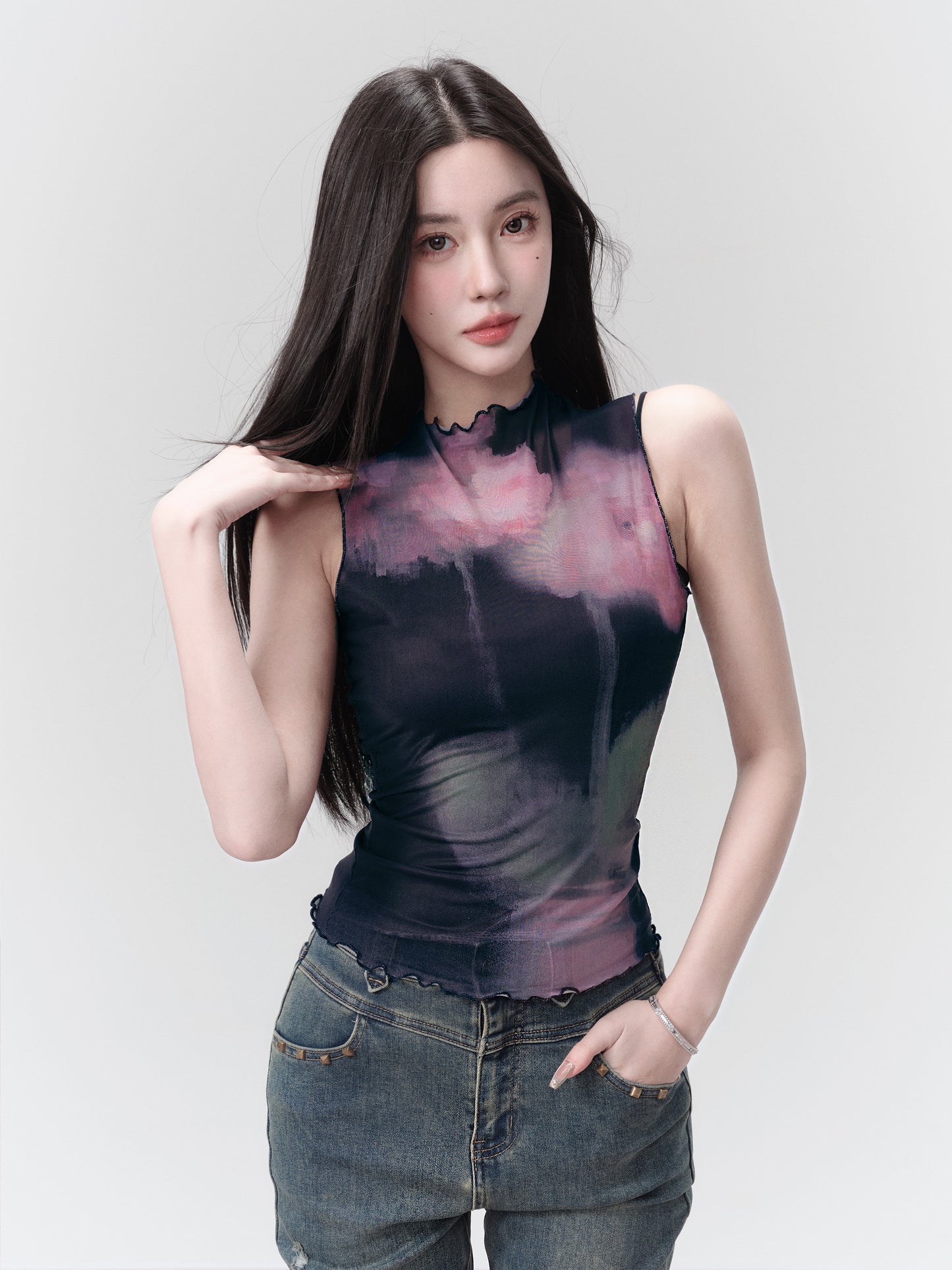 fragileheart Fragile Store Romantic Day and Night Pure Desire Spicy Mesh Print Vest Slim Fit T-shirt