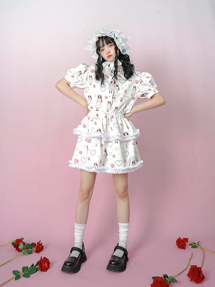 Antique Doll Rose Pearl Print Puff Sleeve Shirt- Outfit Inspo