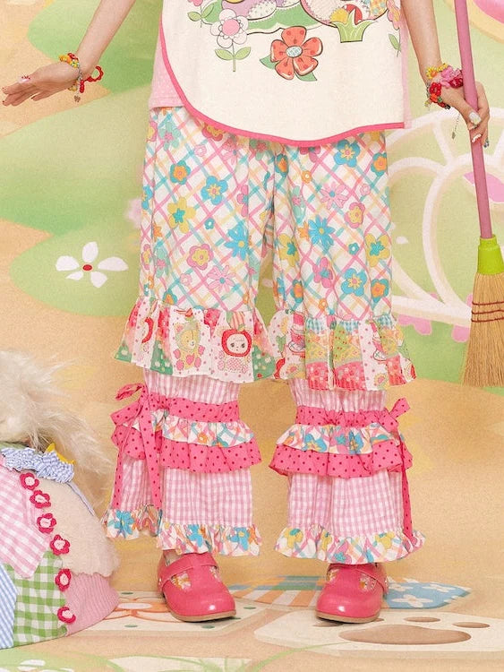 Patchwork Printed Plaid Cake Pants- Outfits Aesthetic