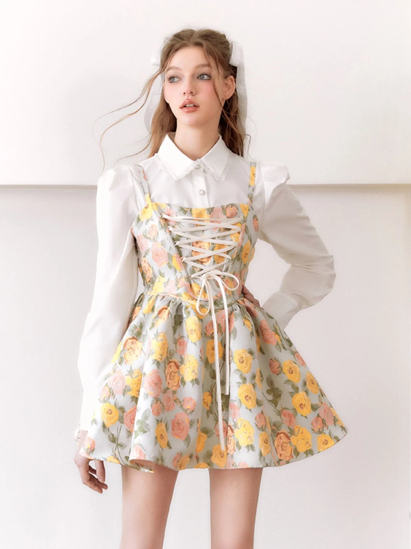 Oil Painting Ballet Style Suspender Dress & Waist Shape Shirt