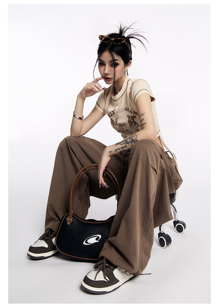 AN JITT Peach Collection" Grey Parachute Pants New American Style Drawstring Utility Pants Wide-Leg Casual Pants for Women Spring/Summer