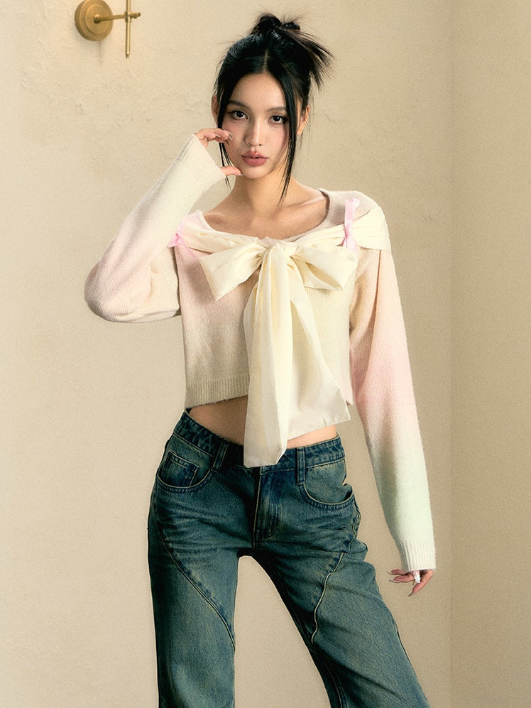 Gradient Bandage Ribbon Knitted Short Cardigan