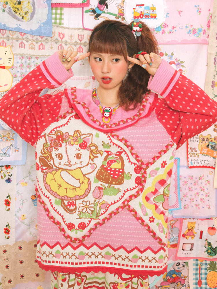 Large Lapel Cat Strawberry Jacquard Pullover Sweater- Outfits Aesthetic