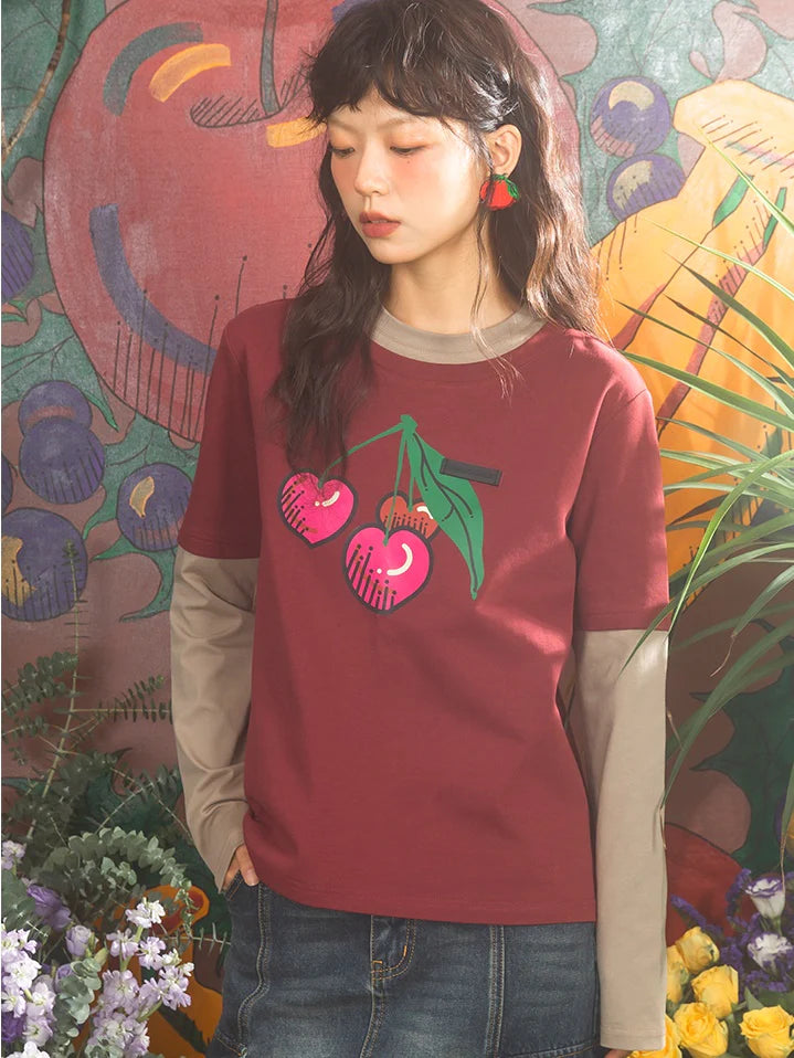 Cherry Print Fake Layered Long-sleeved T-shirts- Simple Outfits