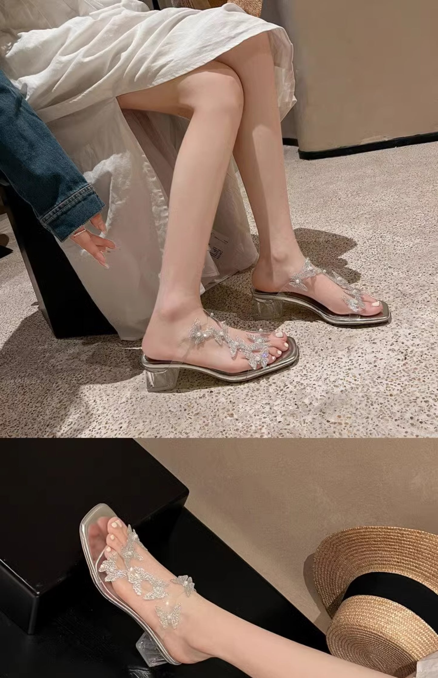 Lost in Butterfly Valley ~ Fairy-style Beautiful Sandals for Women, Summer, Bling Transparent Butterfly Crystal High Heel Half Drag Shoes, Suitable for Outdoor Wear