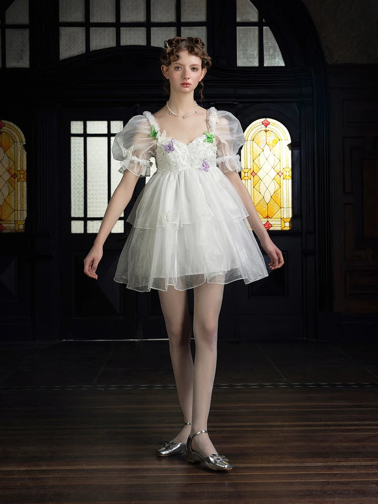 Three Dimensional Butterfly Puff Sleeve Dress