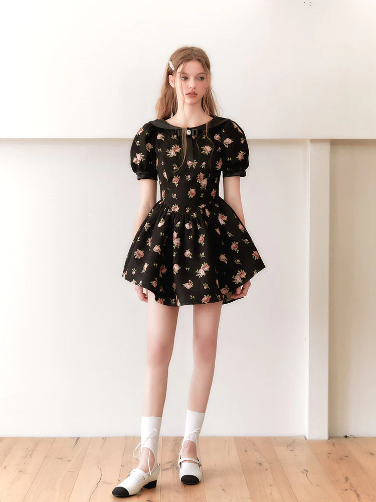 Rose Print Princess Puff Dress