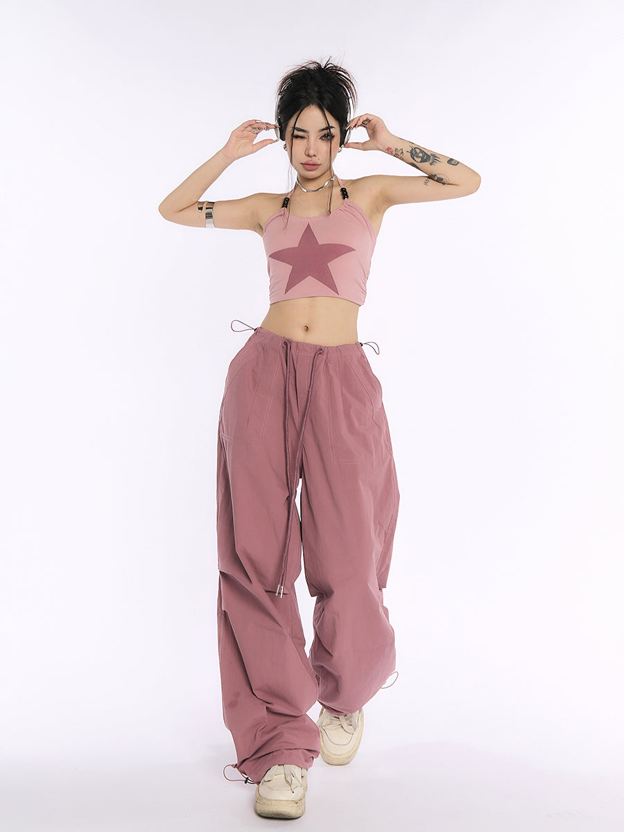 AN JITT Peach Collection" Grey Parachute Pants New American Style Drawstring Utility Pants Wide-Leg Casual Pants for Women Spring/Summer