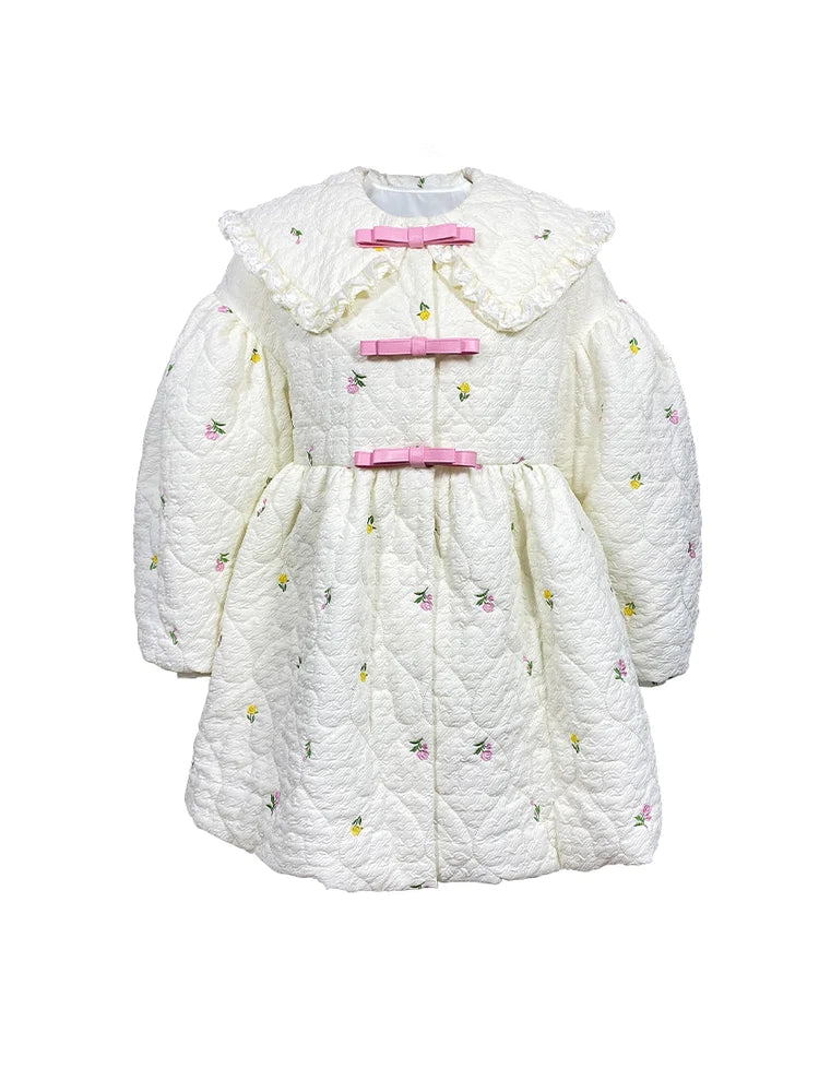 Flower Embroidery Loose Loose Mid-Length Cotton Quilted Coat