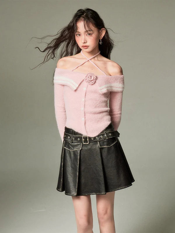 Rose Cross Strap One-Shoulder Sweater