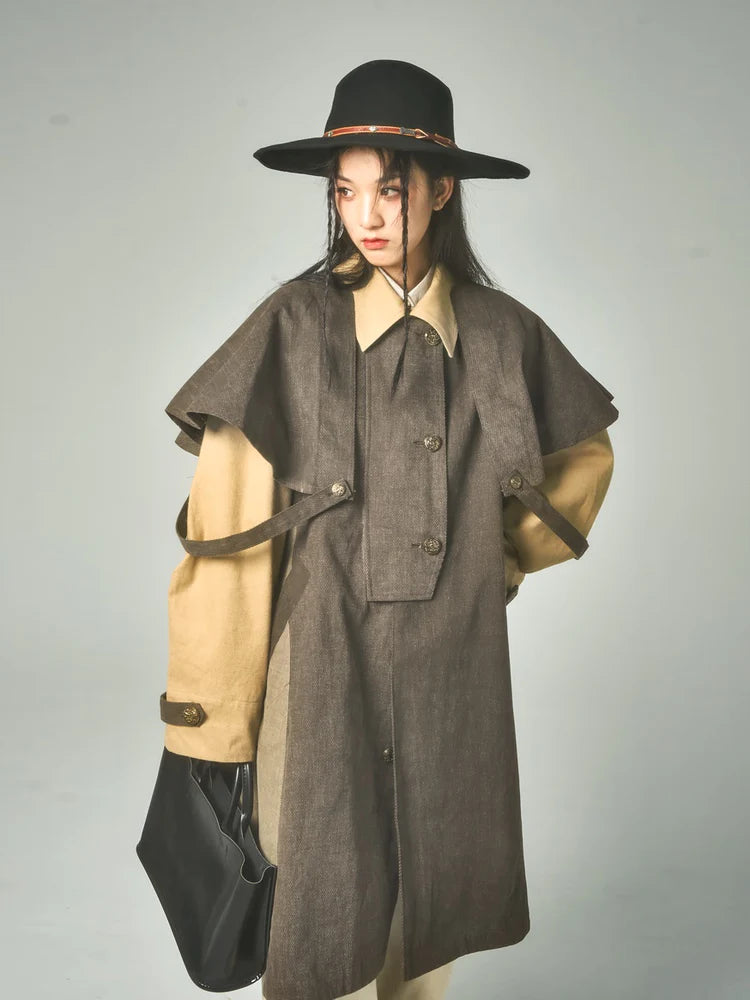 Retro Stitching Long Loose Cape Detachable Coat