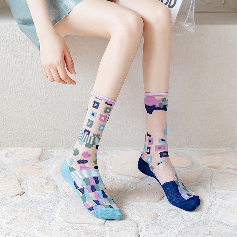 CrazySox's new French art silk stockings for women, featuring thin AB asymmetrical glass silk trendy mid-calf socks.