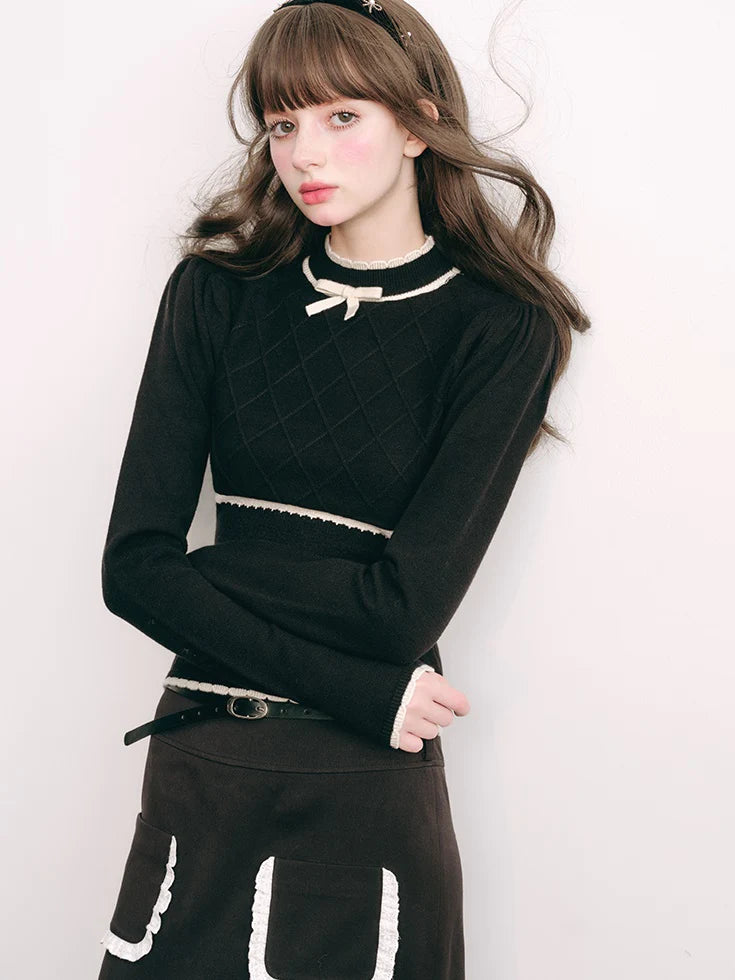 Bottle-Neck Puff Sleeve Knitted Top