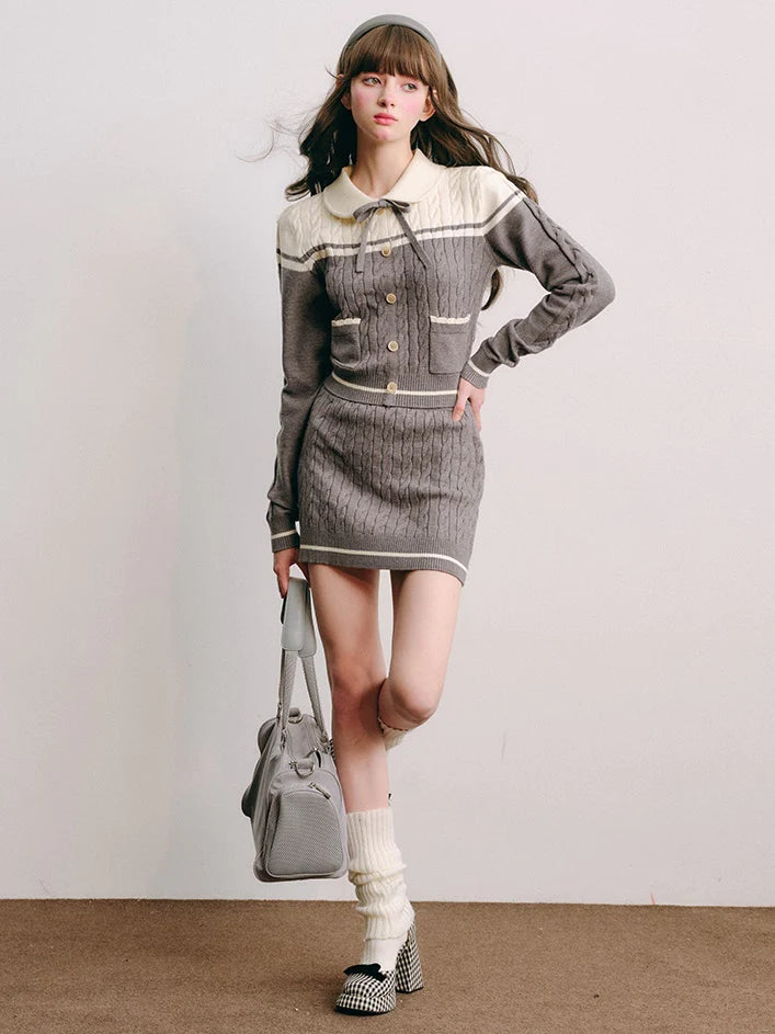 Polo Collar Knitted Sweater ＆ Cable Mini Skirt