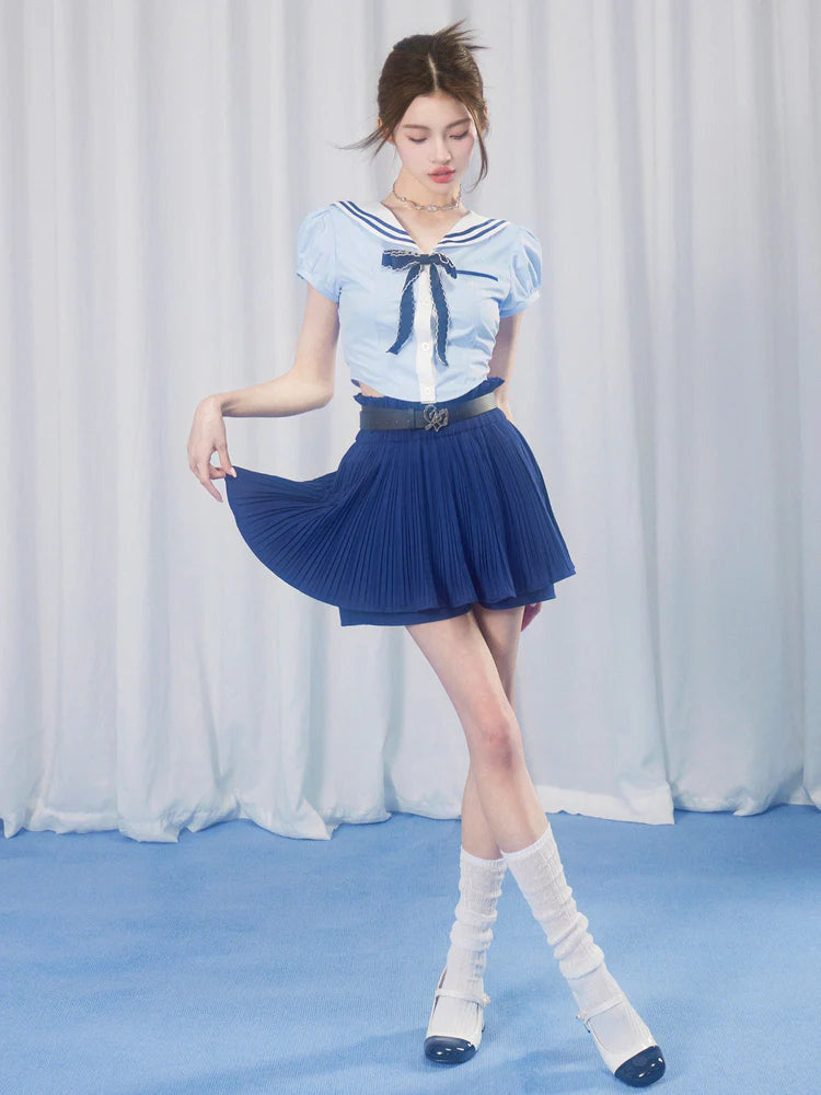 School Girl Puff Sleeve Top & Pleated Skirt