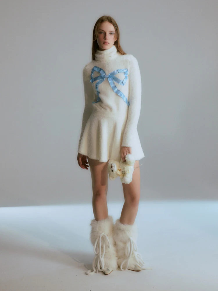 Turtle-Neck Ribbon Knit Flare Fluffily Cute One-Piece