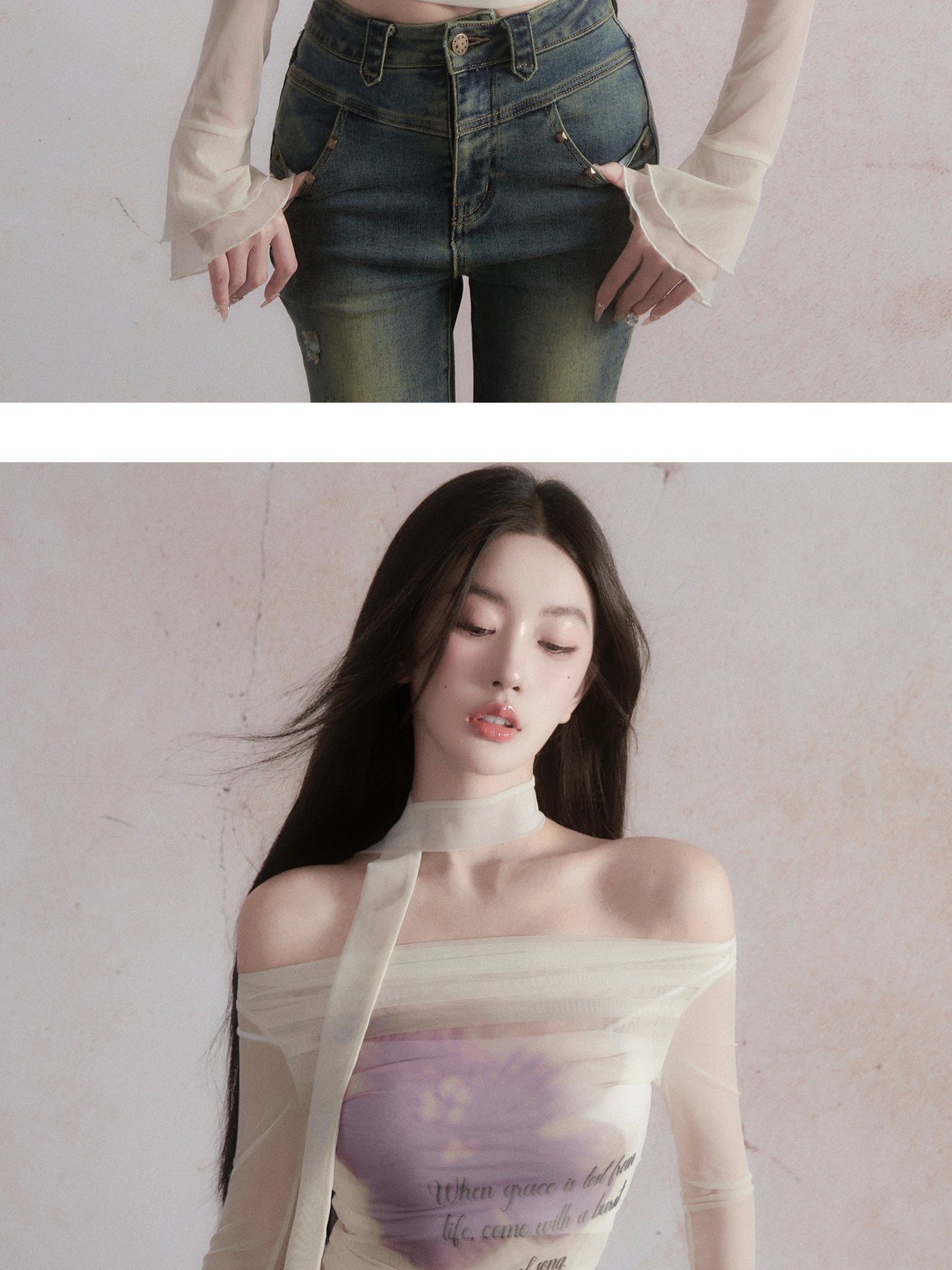 "Fragileheart" Broken Rose Purple Flower One-Shoulder Sweet and Spicy Top Design Sense Long Sleeve T-shirt