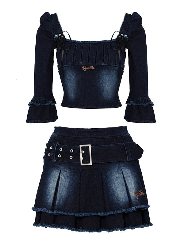 Denim Puff Sleeve Top & Pleated Skirt