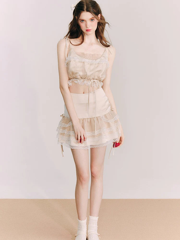 Organza Puff Sleeve Lace Top & Skirt