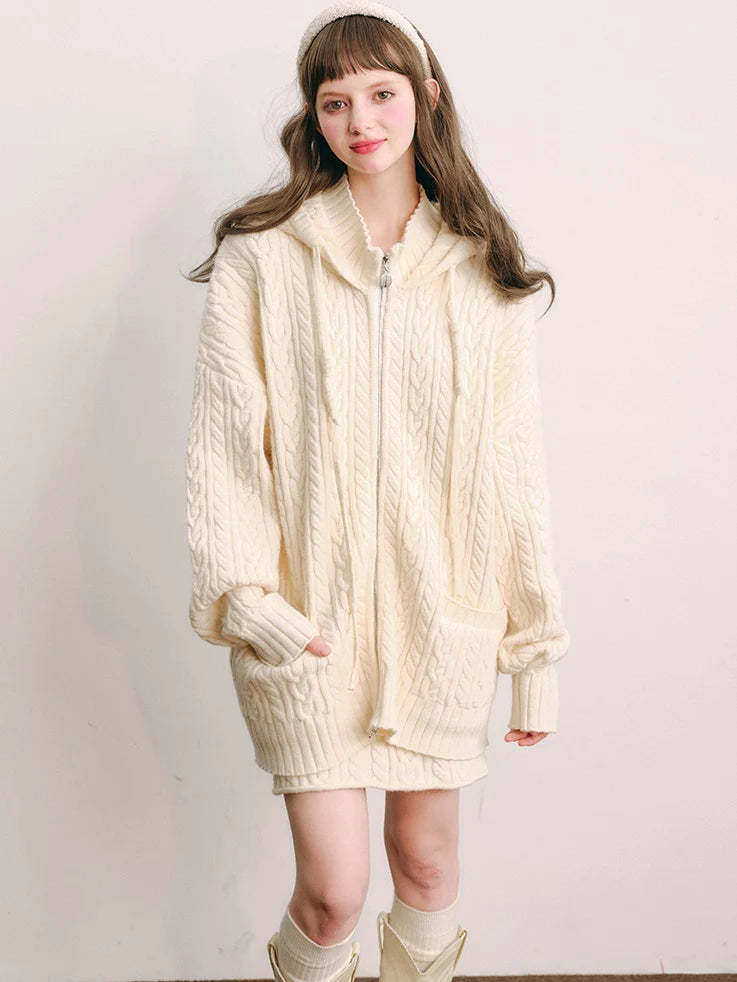 Bunny Ears Hooded Knitted Cardigan & Skirt