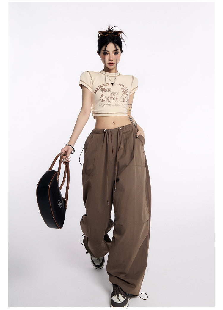 AN JITT Peach Collection" Grey Parachute Pants New American Style Drawstring Utility Pants Wide-Leg Casual Pants for Women Spring/Summer