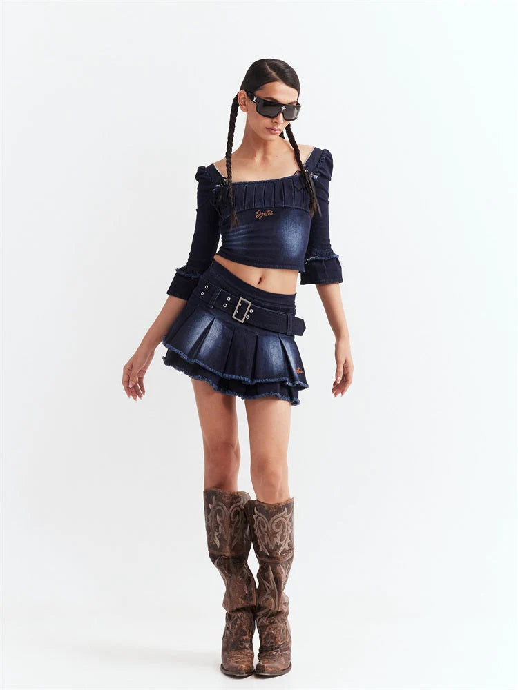 Denim Puff Sleeve Top & Pleated Skirt