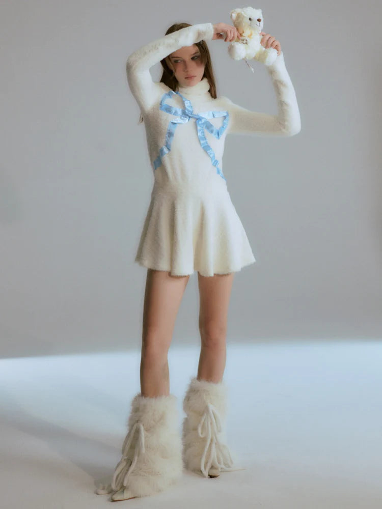 Turtle-Neck Ribbon Knit Flare Fluffily Cute One-Piece