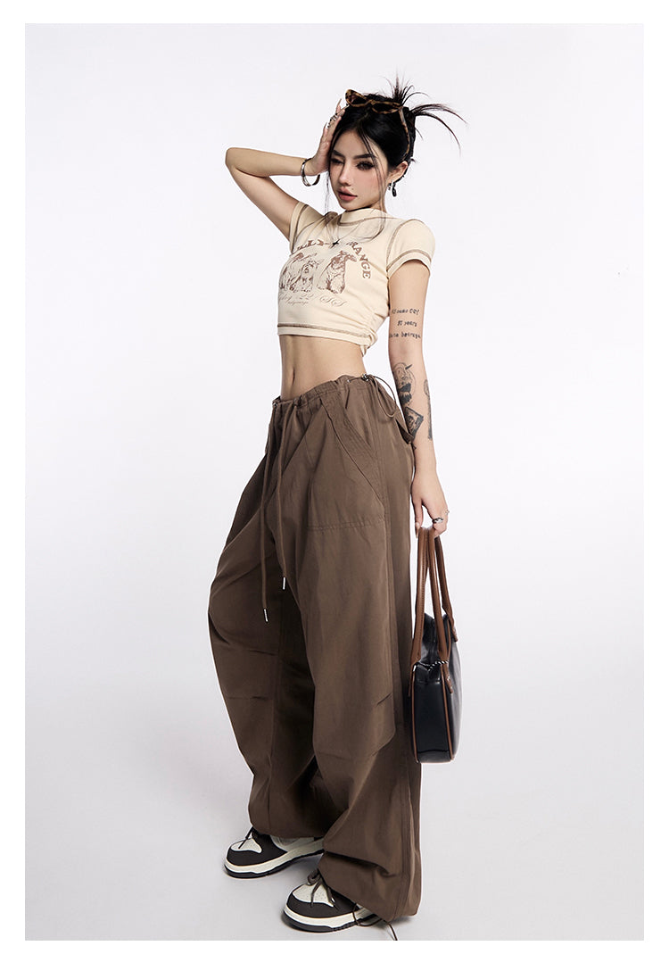 AN JITT Peach Collection" Grey Parachute Pants New American Style Drawstring Utility Pants Wide-Leg Casual Pants for Women Spring/Summer