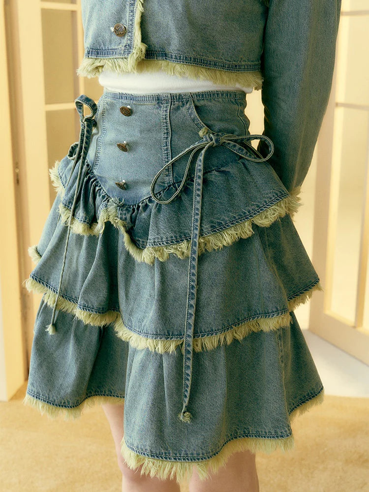 Raw Edge Denim Cake Skirt & Short Jacket- Spring Fashion