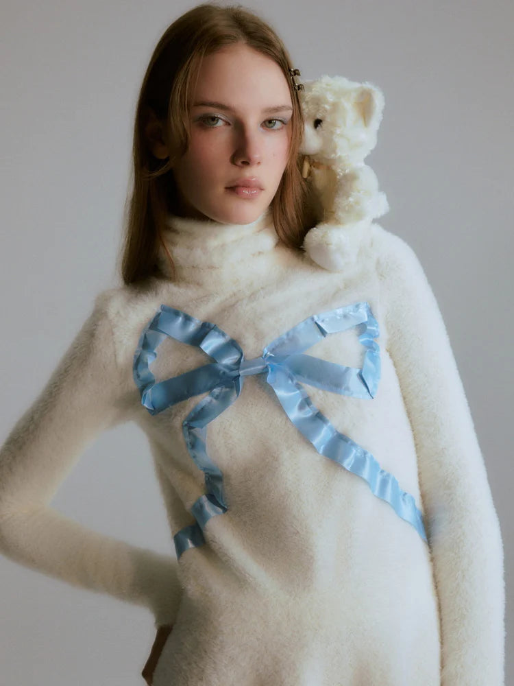 Turtle-Neck Ribbon Knit Flare Fluffily Cute One-Piece