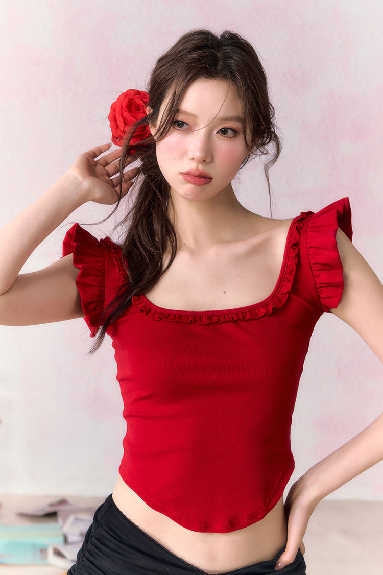 OCRC Official Red Spicy Girl's Small Flying Sleeve Sling Top Women's Summer Slim Short T-shirt, can be worn on both sides