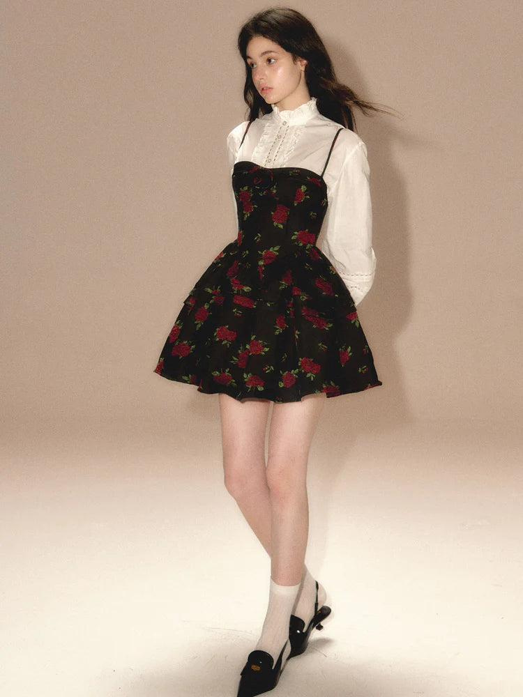 Rose Jacquard Puffy Suspender Dress