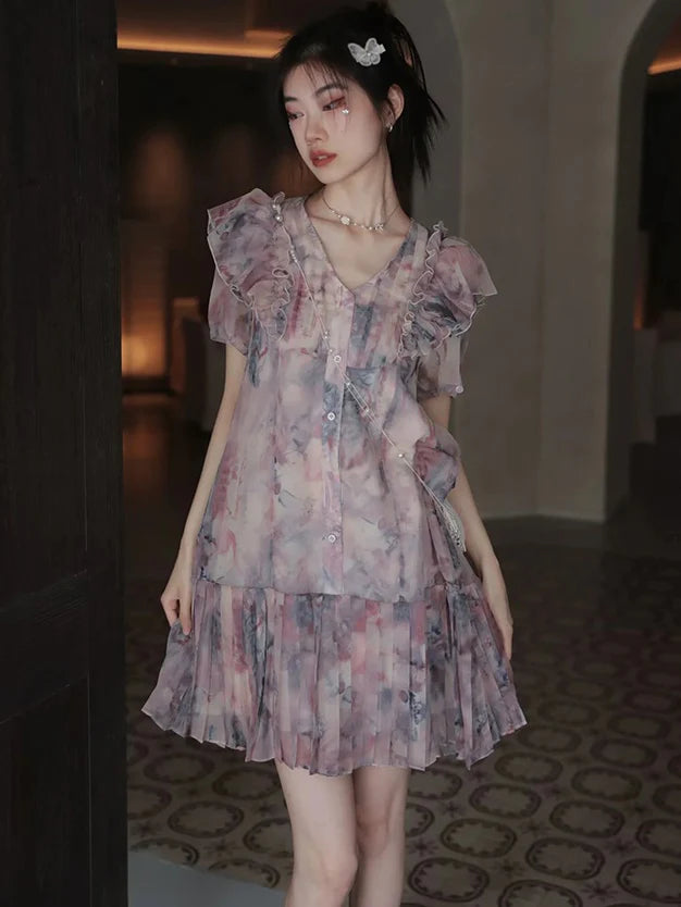 Oil Painting Printed Suspender Dress & Mesh Pleat Dress & Shirt Cardigan