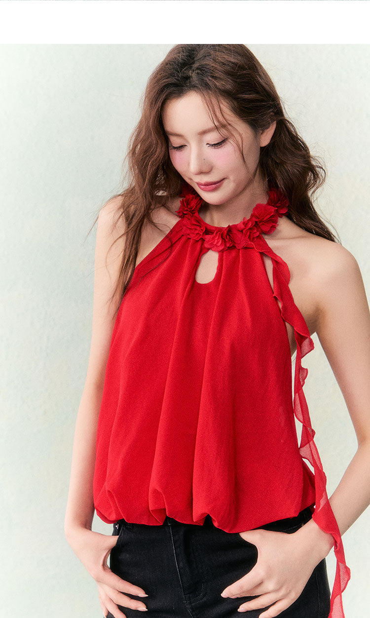 OCRC Official Red Flower Collar Spaghetti Strap Design Sensation Floating Ribbon Bud Chiffon Top