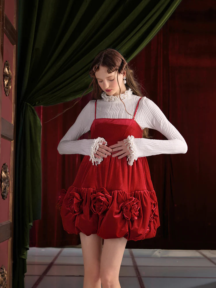 Three-Dimensional Flower Suspender Flower Bud Dress ＆ Frill Collar Cutsew