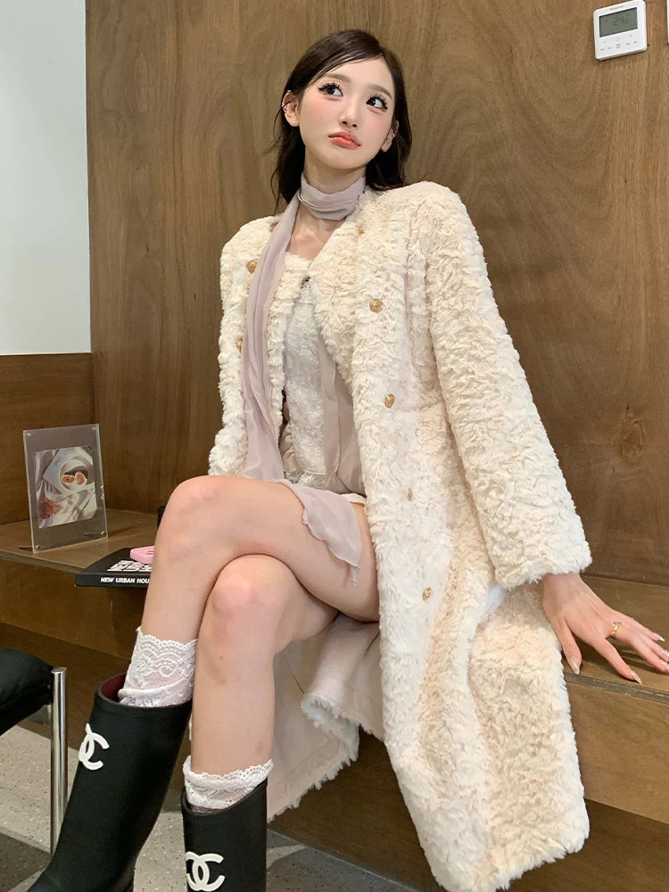 Double-Breasted Long Eco-Friendly Fur Plush Jacket