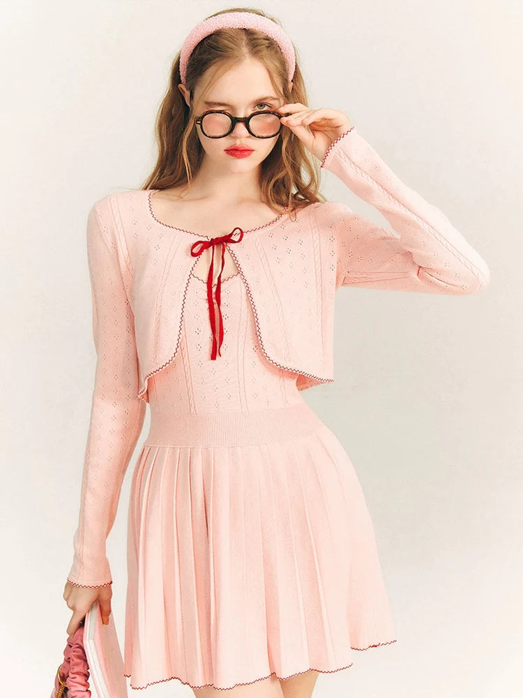 V-neck Suspender Skirt & Knitted Cardigan Set-up