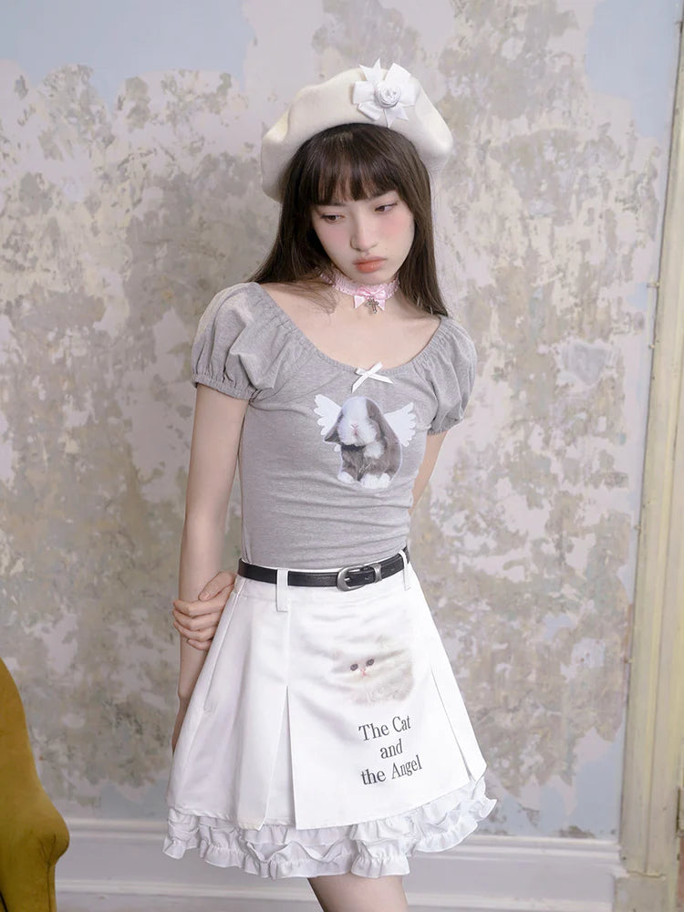 Angel Cat & Bunny Bow Round Neck T-shirt