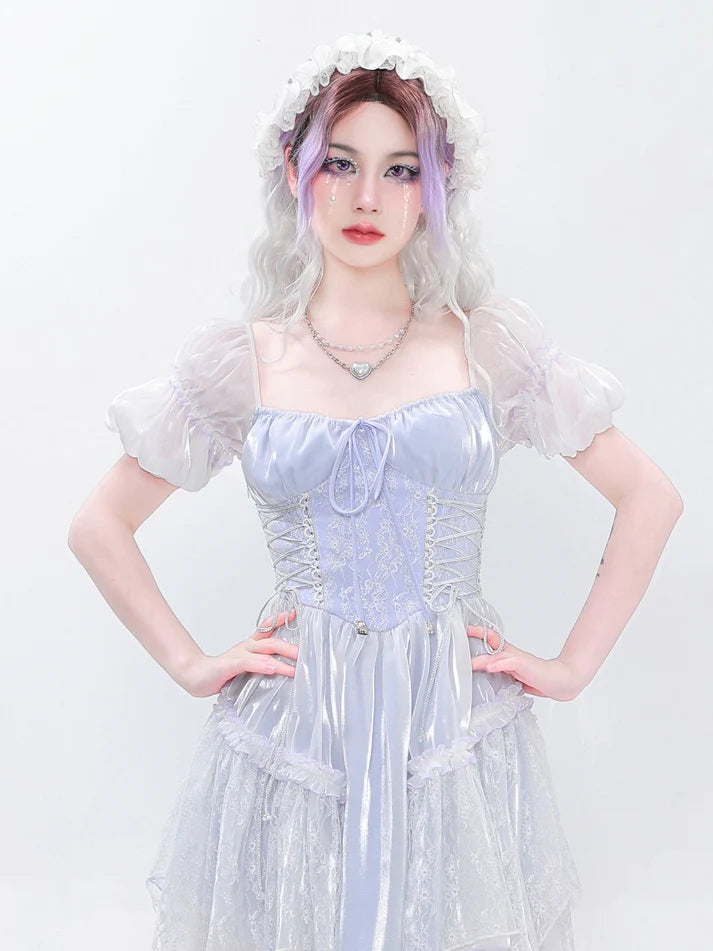 Y2K Sweet Puff Sleepes Lace French Dress- Outfit Inspo