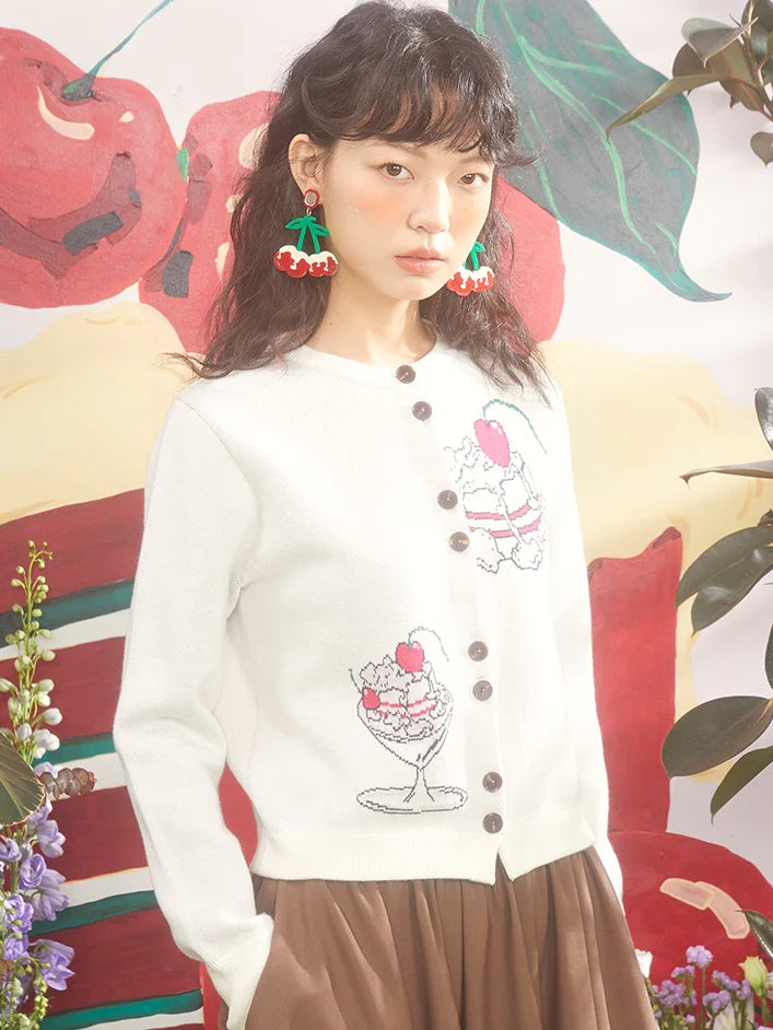 Cherry Cream Cake Jacquard Knitted Cardigan- Spring Fashion