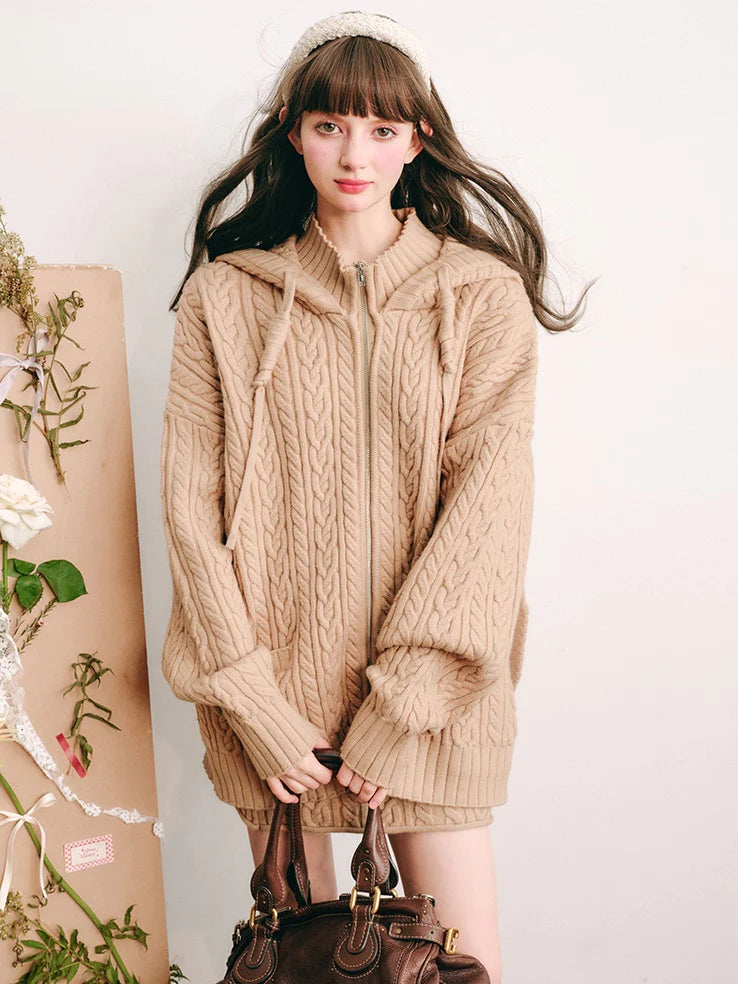 Bunny Ears Hooded Knitted Cardigan & Skirt