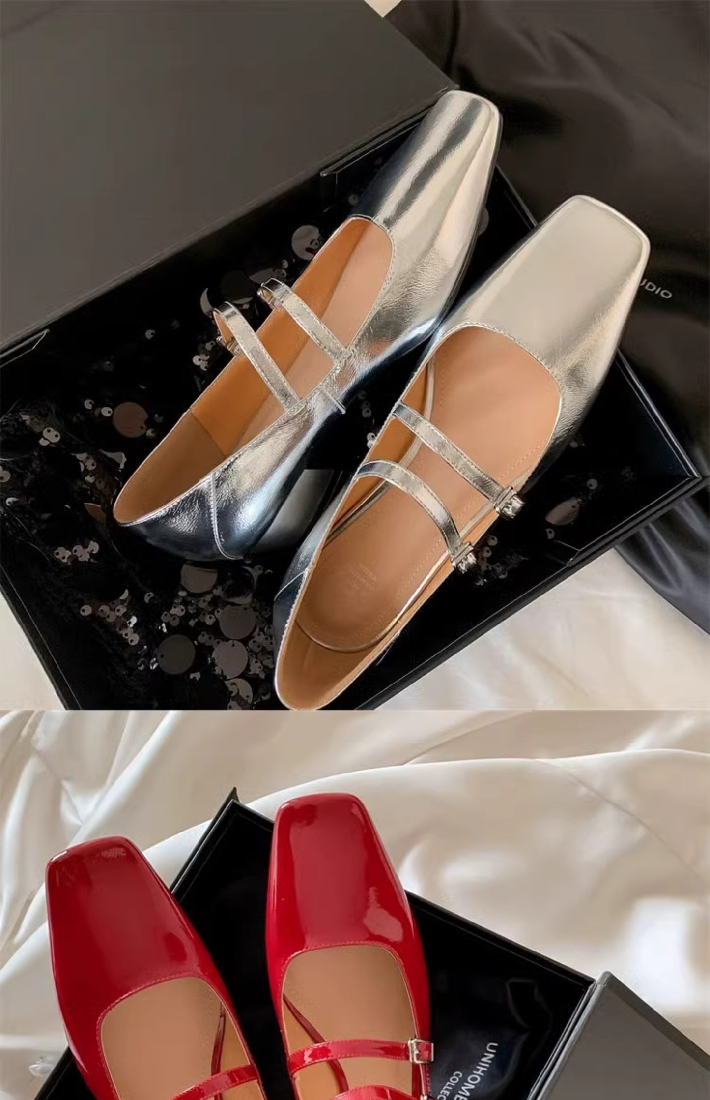 French-style high-end silver Mary Jane shoes for women, featuring a refined square toe and a single buckle thick heel shallow mouth single shoe.