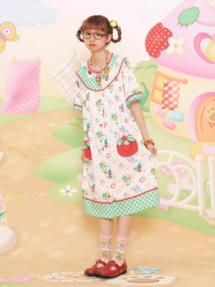 Strawberry Bear Print Loose One-piece- Simple Outfits