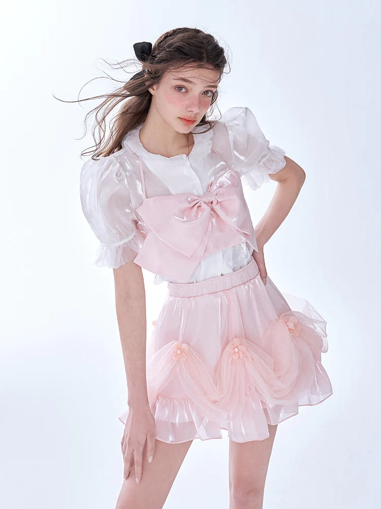 Pink Glossy Bow Halter Corset + Ruffle Skirt